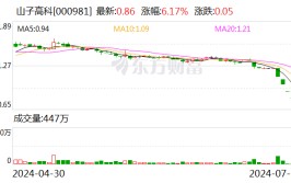 山子高科股价跌破1元 董事长致歉：停发个人薪水直至股价规复
到1.6元/股以上