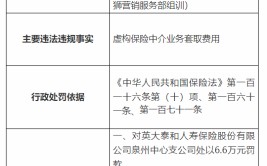 英大人寿泉州中心支公司被罚6.6万元：假造
保险中介业务套取费用
