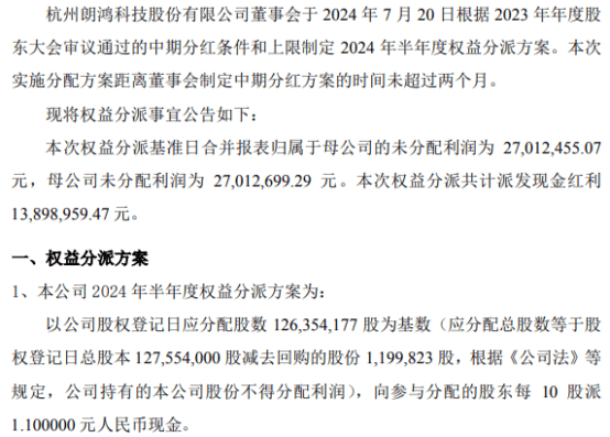 朗鸿科技2023年权益分派每10股派现1.1元 共计派发现金红利1389.9万元 时时快讯